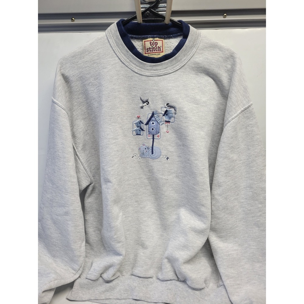 Vintage Top Stitch Morning Sun Grey Embroidered Birdhouse Cat Sweatshirt Large